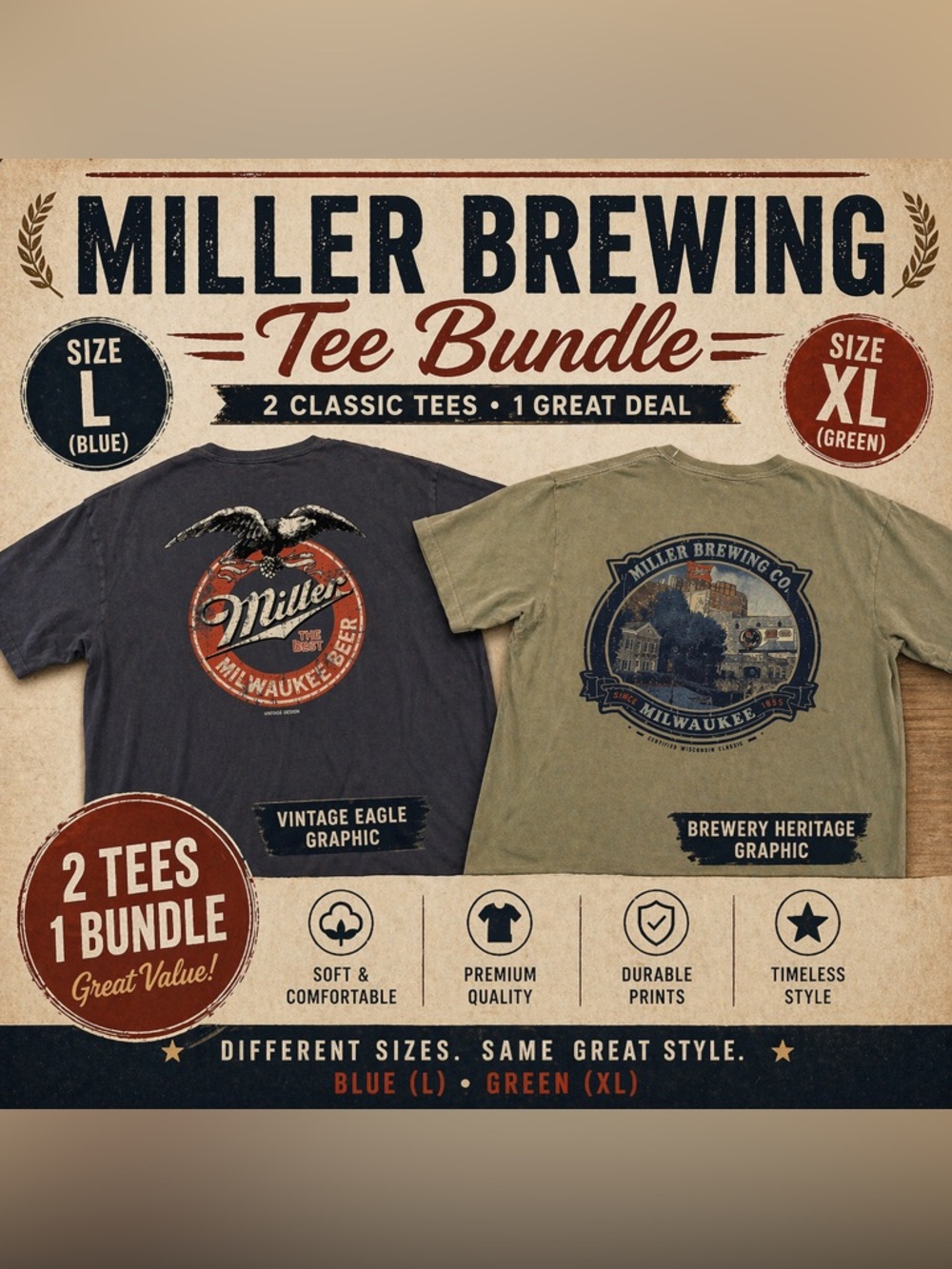Miller Brewing Tee Bundle L & XL Vintage Graphic Shirts 2 Pack